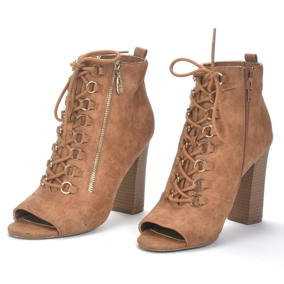 Guess GBG Brown Ankle Boot Bootie Tie Up side Zip Block Heel Peep Toe Sz 8 - Picture 2 of 7